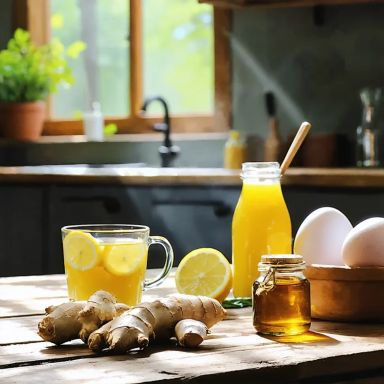 Un verre d'eau au citron, gingembre et miel disposé sur une table en bois avec des œufs frais.