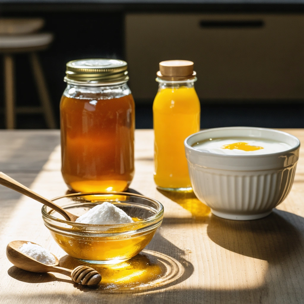 Table en bois avec des pots de miel, un bol de bicarbonate de soude et un pot de yaourt pour apaiser la langue qui pique.