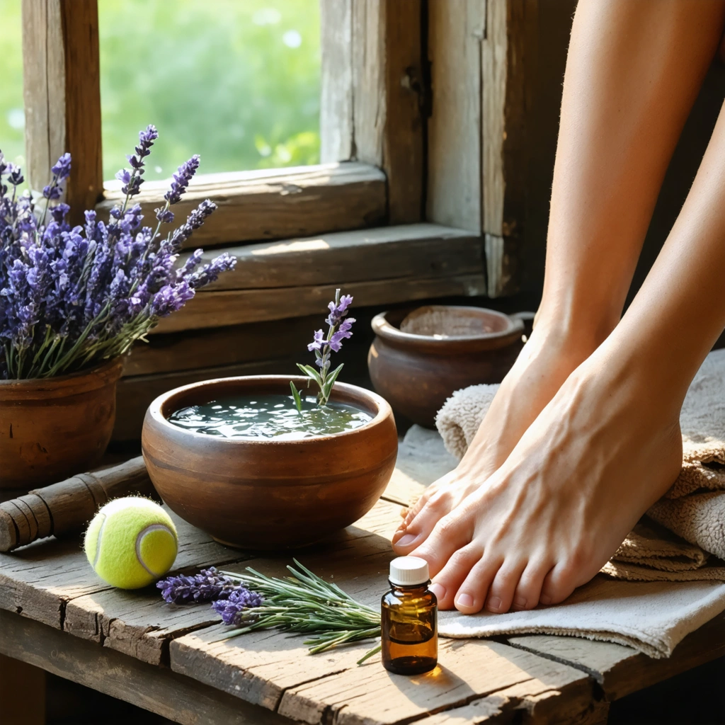 Personne utilisant des remèdes maison pour soulager la fasciite plantaire, avec des huiles essentielles, un bain de pieds et une balle de tennis.