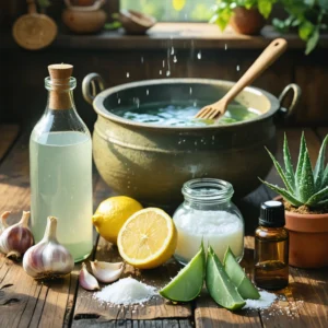 Un ensemble de remèdes naturels pour traiter une mycose entre les orteils, comprenant bicarbonate, vinaigre, citron et aloe vera, disposés sur une table.