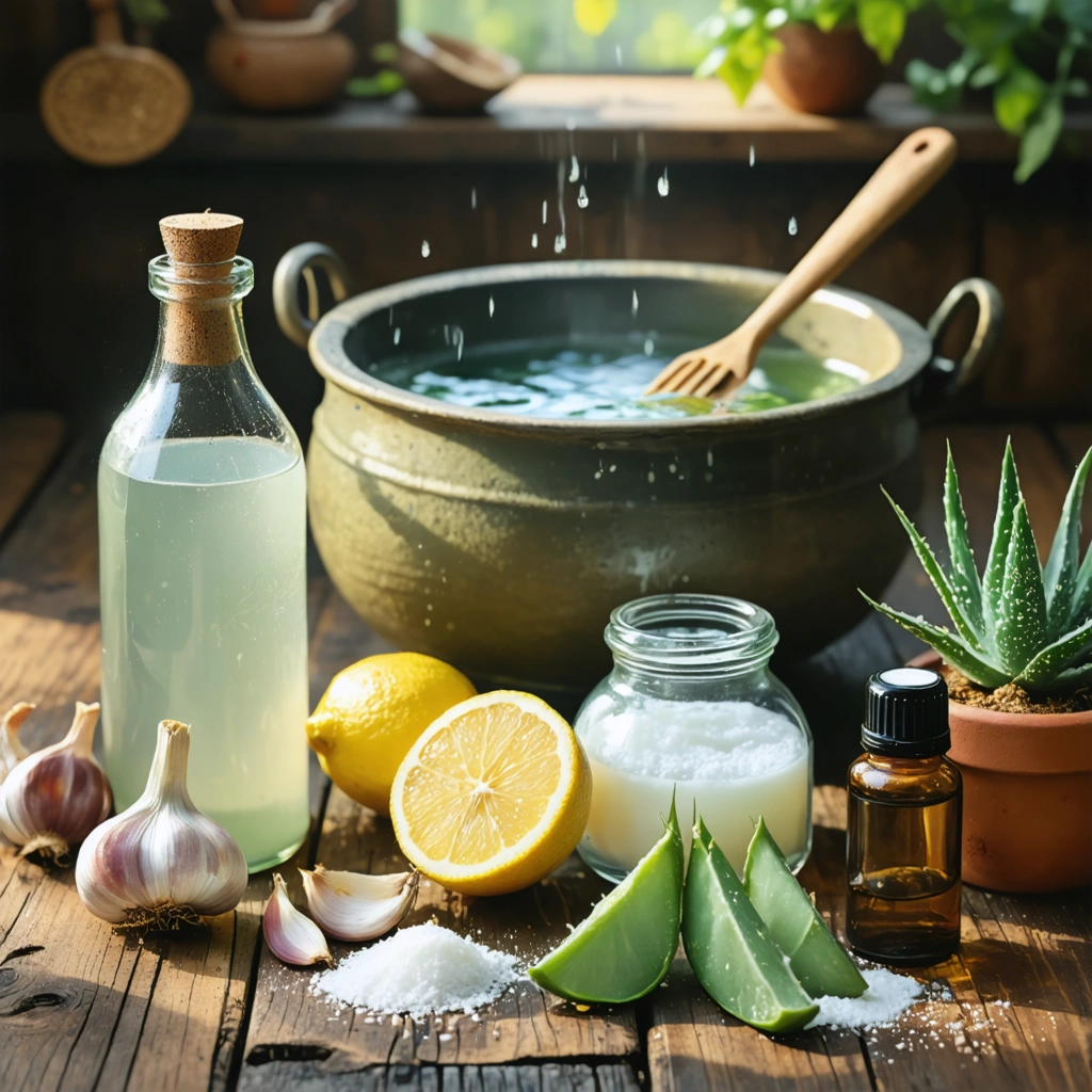 Un ensemble de remèdes naturels pour traiter une mycose entre les orteils, comprenant bicarbonate, vinaigre, citron et aloe vera, disposés sur une table.