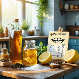 Une table de cuisine avec des remèdes naturels contre les aphtes, incluant du miel, du bicarbonate, du vinaigre, et des clous de girofle, éclairée par la lumière naturelle.