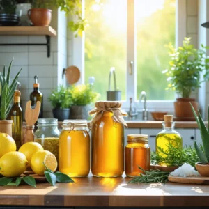 Des ingrédients naturels comme miel, citron, aloe vera et huiles essentielles sur une table pour soigner les cicatrices.