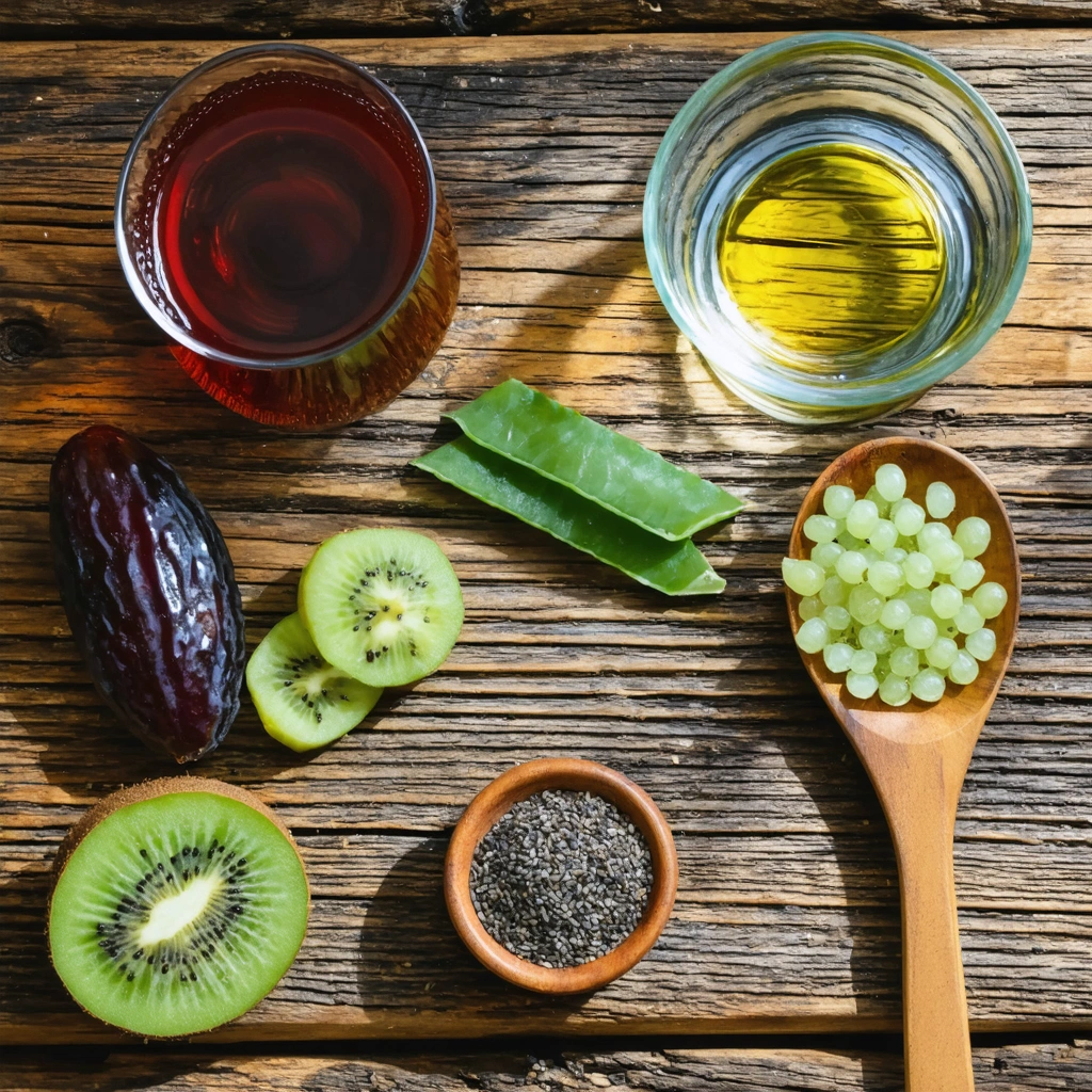 Un mélange de remèdes naturels contre la constipation comprenant jus de pruneaux, tranches de kiwi, gel d'aloe vera, eau, graines de chia et huile d'olive sur une table en bois.