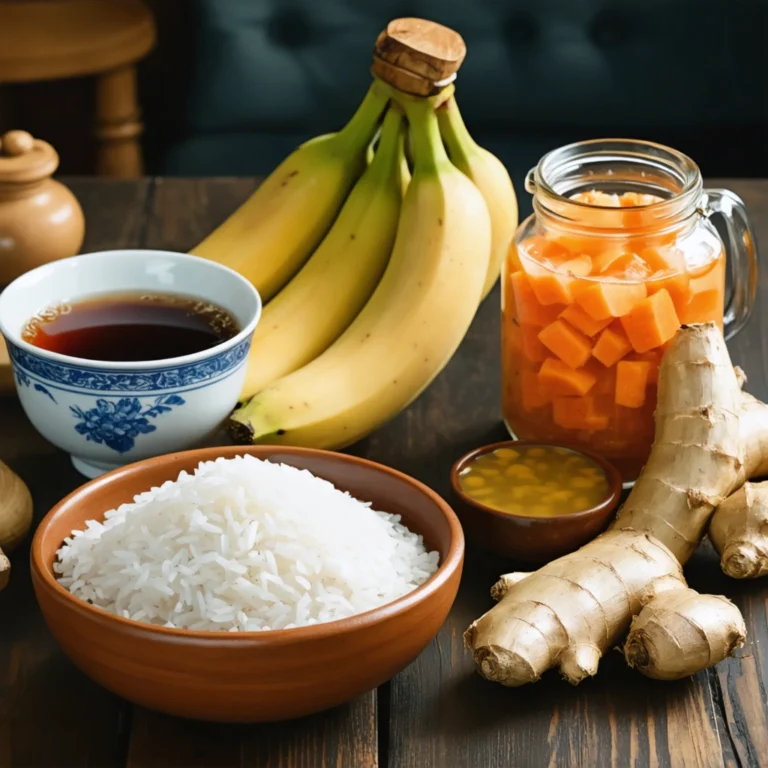 Remèdes naturels contre la diarrhée sur une table avec riz, bananes, thé noir et soupe de carottes