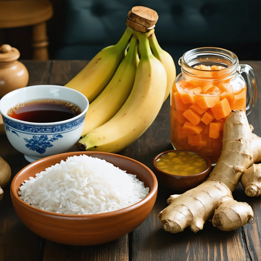 Remèdes naturels contre la diarrhée sur une table avec riz, bananes, thé noir et soupe de carottes