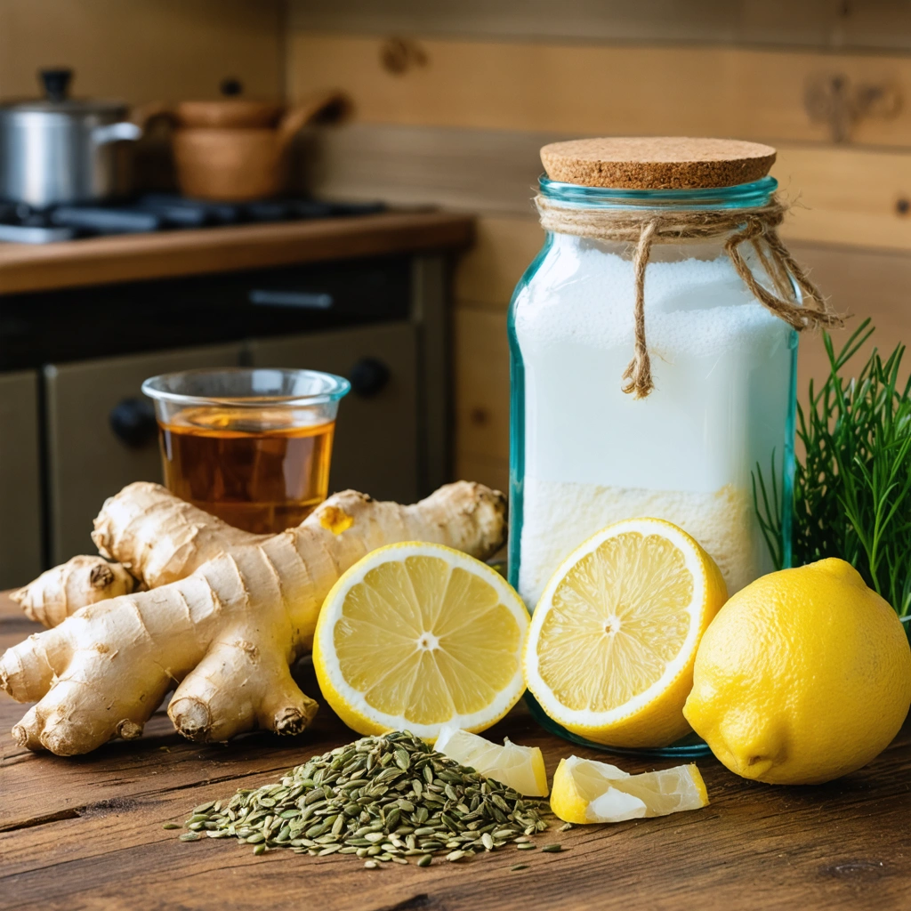 Table rustique avec tisane au gingembre, citron, graines de fenouil et bicarbonate pour soulager la digestion