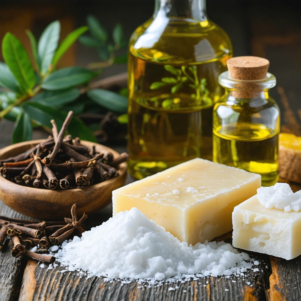 Ingrédients naturels comme clous de girofle, bicarbonate de soude, huile essentielle d’arbre à thé, vinaigre blanc et savon au soufre sur une table.