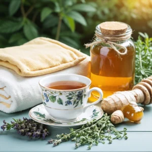 Une tasse d'infusion aux herbes avec un pot de miel et une compresse chaude, accompagnés de thym et de gingembre.