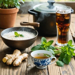 Table rustique avec des remèdes naturels pour la gastro, incluant infusion, gingembre, eau de riz et bouillon de légumes.