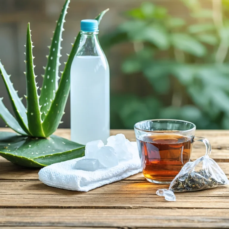 Mamie proposant des remèdes naturels pour soulager les hémorroïdes internes avec des éléments tels que de l'aloe vera et du vinaigre de cidre sur une table.