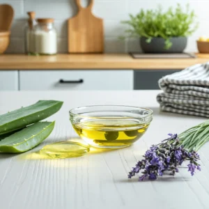 Table avec des remèdes naturels pour l'oreille, comme de l'huile d'olive, du gel d'aloe vera et de la lavande, éclairée par une lumière douce.