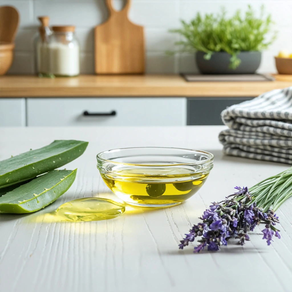 Table avec des remèdes naturels pour l'oreille, comme de l'huile d'olive, du gel d'aloe vera et de la lavande, éclairée par une lumière douce.