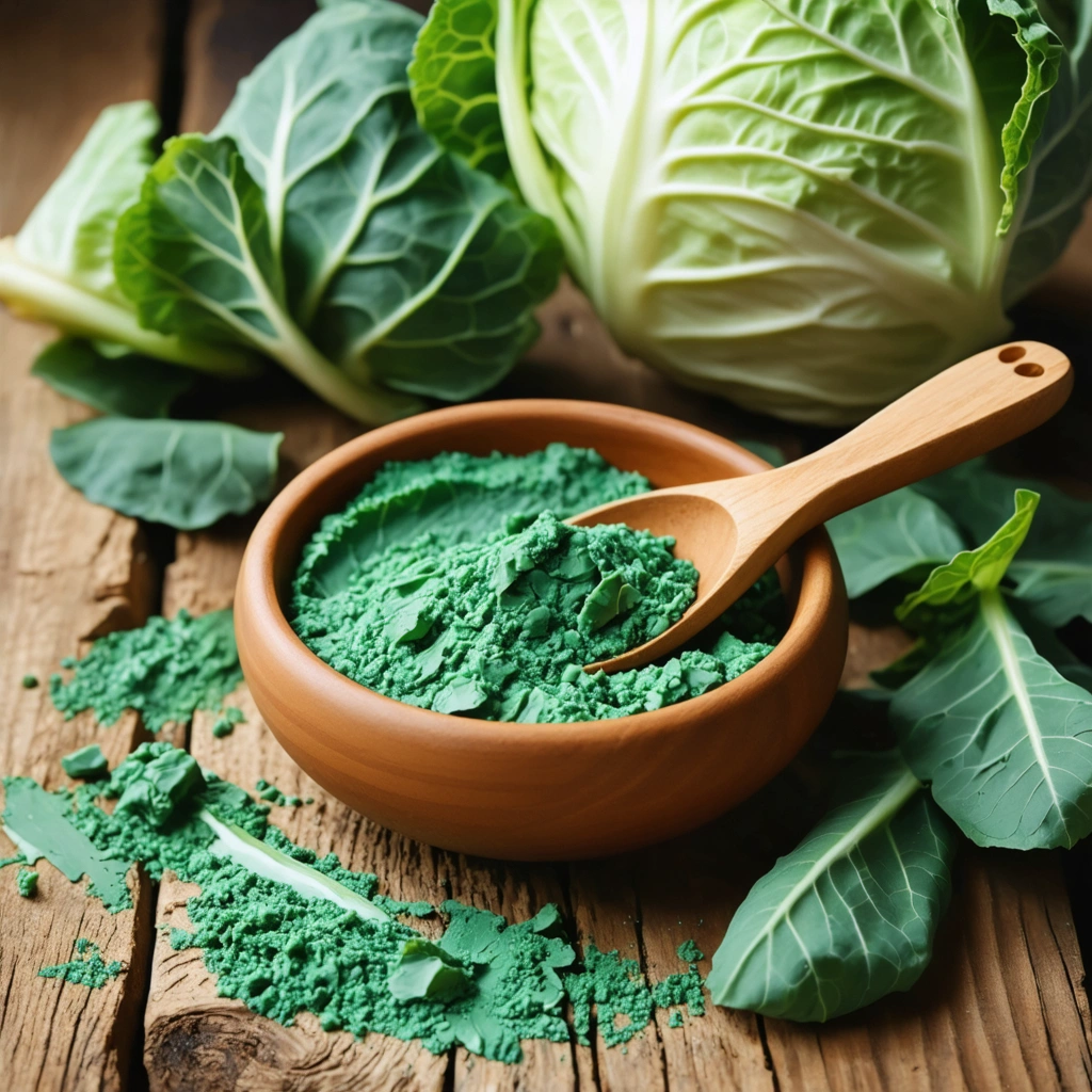 Un bol de pâte d'argile verte avec une cuillère en bois à côté de feuilles de chou frais sur une surface en bois rustique, illustrant des remèdes maison pour les soins des pieds.