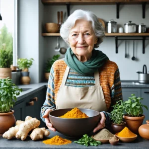 Une grand-mère dans une cuisine préparant des remèdes naturels pour soulager la pubalgie.
