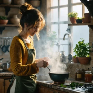 Photo d'une femme dans une cuisine rustique, utilisant un bol de vapeur pour soulager une sinusite naturellement.