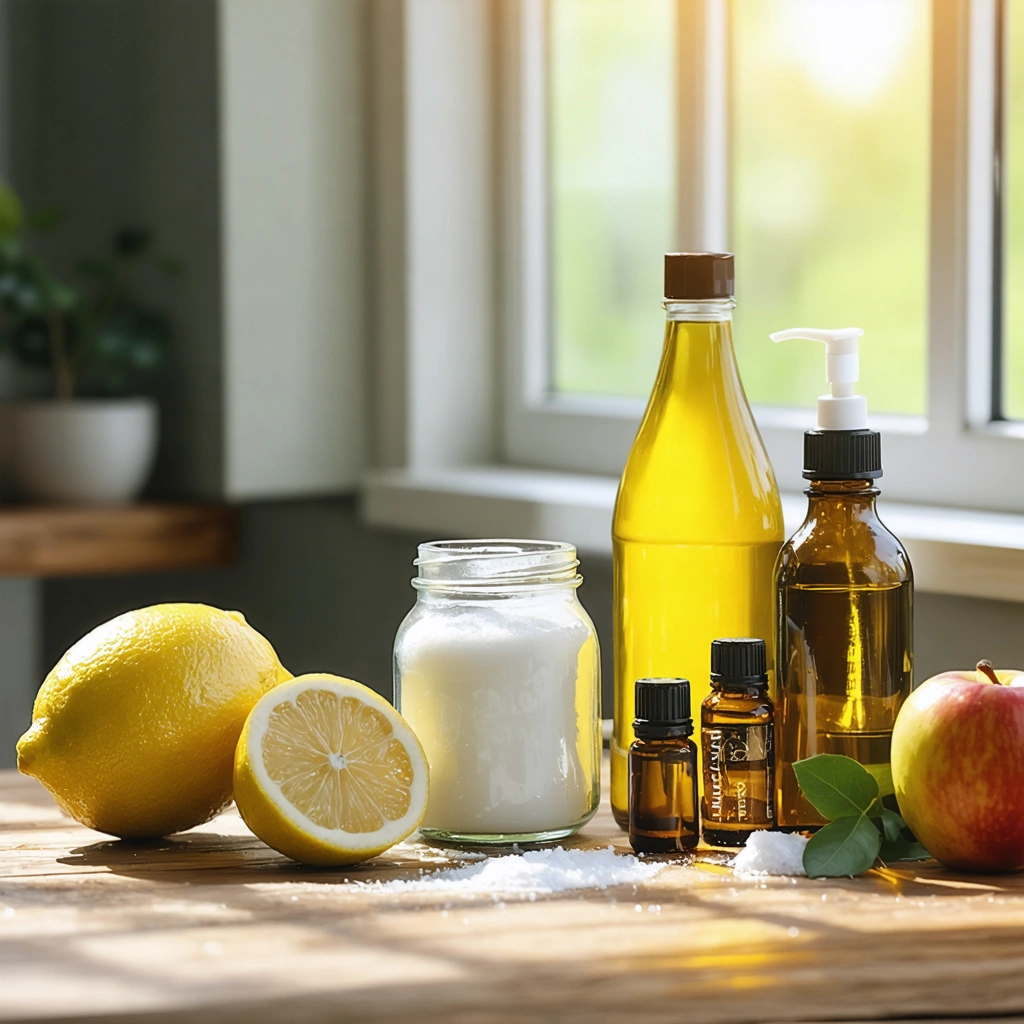 Remèdes naturels pour les taches brunes sur une table comprenant citron, bicarbonate, vinaigre de cidre et huiles essentielles.