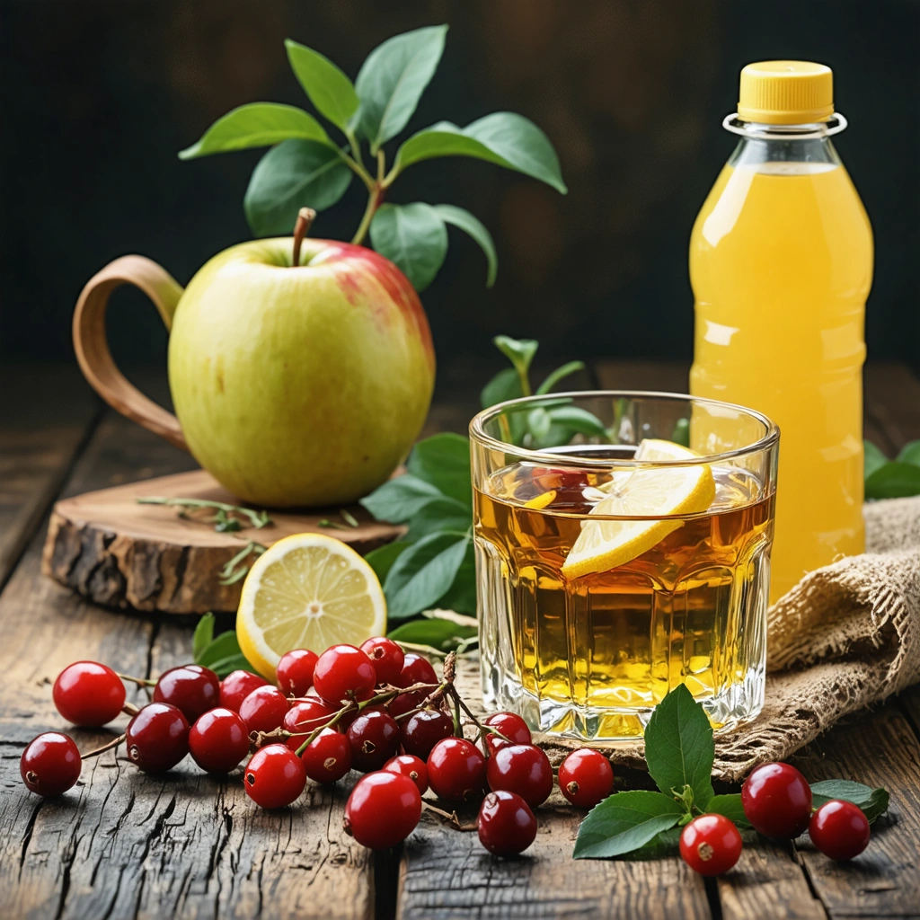 Des remèdes naturels comme des baies, de l'eau citronnée, un vinaigre de cidre et des herbes pour améliorer la santé urinaire.