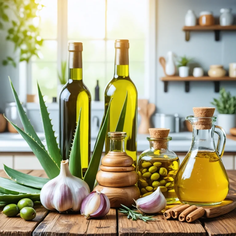 Vue sur des remèdes naturels comme l'huile d'olive, le miel, et l'aloé vera pour calmer les oreilles qui démangent.