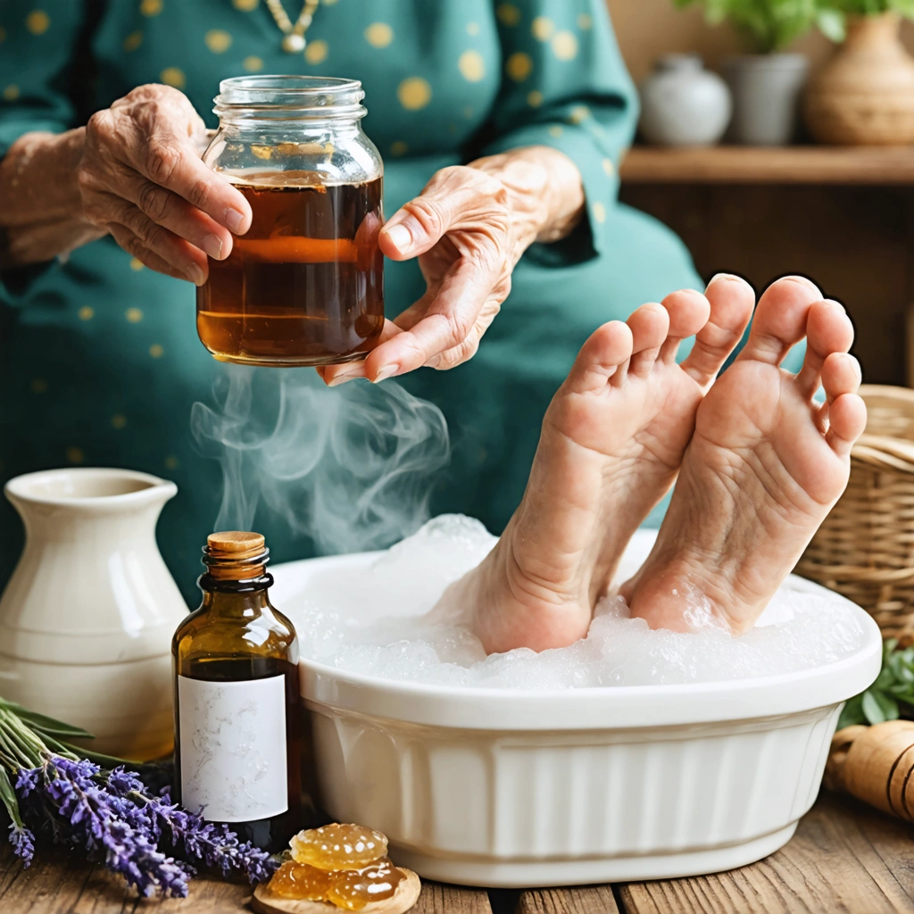 Une grand-mère préparant des remèdes naturels pour soigner un orteil gonflé avec un bain de pied et des ingrédients comme le miel