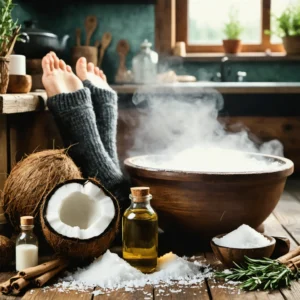 Remèdes naturels disposés dans une cuisine rustique pour soigner les engelures aux pieds.