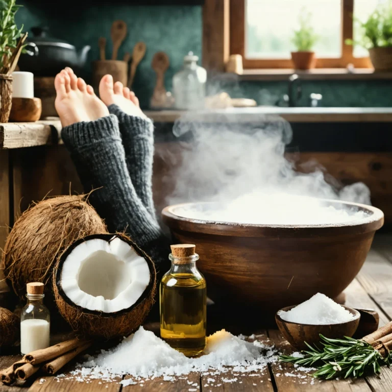 Remèdes naturels disposés dans une cuisine rustique pour soigner les engelures aux pieds.
