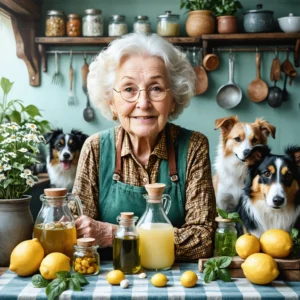 Une mamie souriante entourée de chiens et de remèdes naturels dans une cuisine chaleureuse, comprenant du citron et du vinaigre en bocaux.