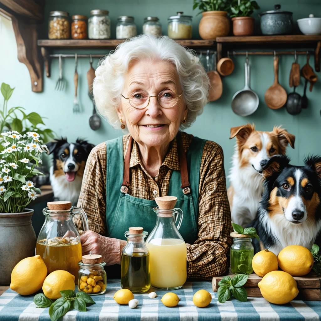 Une mamie souriante entourée de chiens et de remèdes naturels dans une cuisine chaleureuse, comprenant du citron et du vinaigre en bocaux.