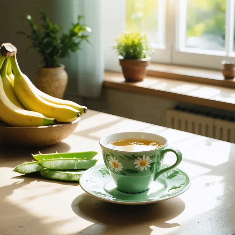Une tasse de tisane, une feuille d'aloe vera et une banane sur une table de cuisine pour apaiser le reflux gastrique.