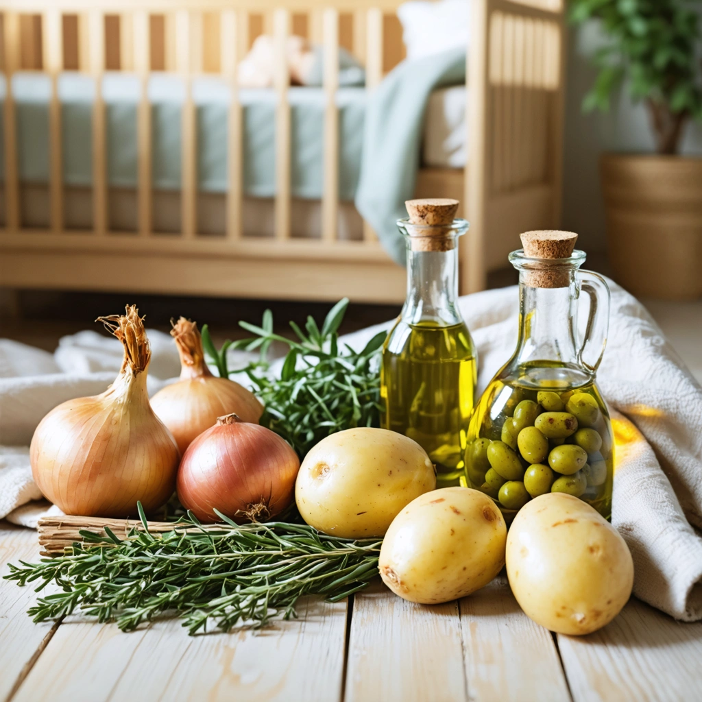 Une chambre de bébé avec des remèdes naturels comme de l'oignon, du thym et de l'huile d'olive posés sur un linge.