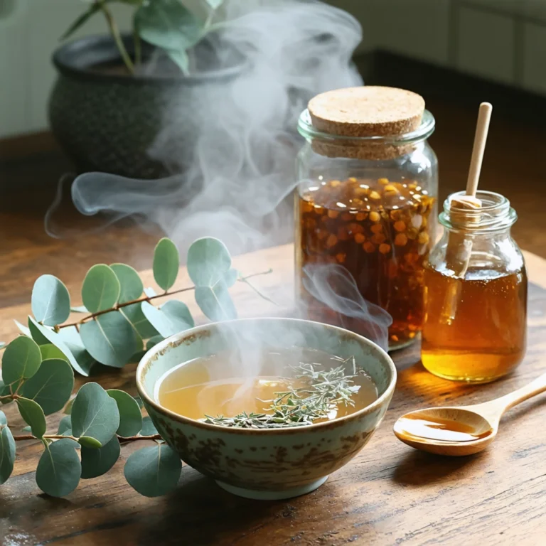 Une table avec des remèdes maison comme une tasse de tisane, des feuilles d'eucalyptus et un pot de miel pour soulager la sinusite.