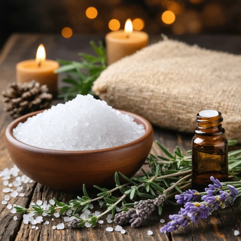 Un plateau avec du gros sel, du thym et une huile essentielle contre le torticolis