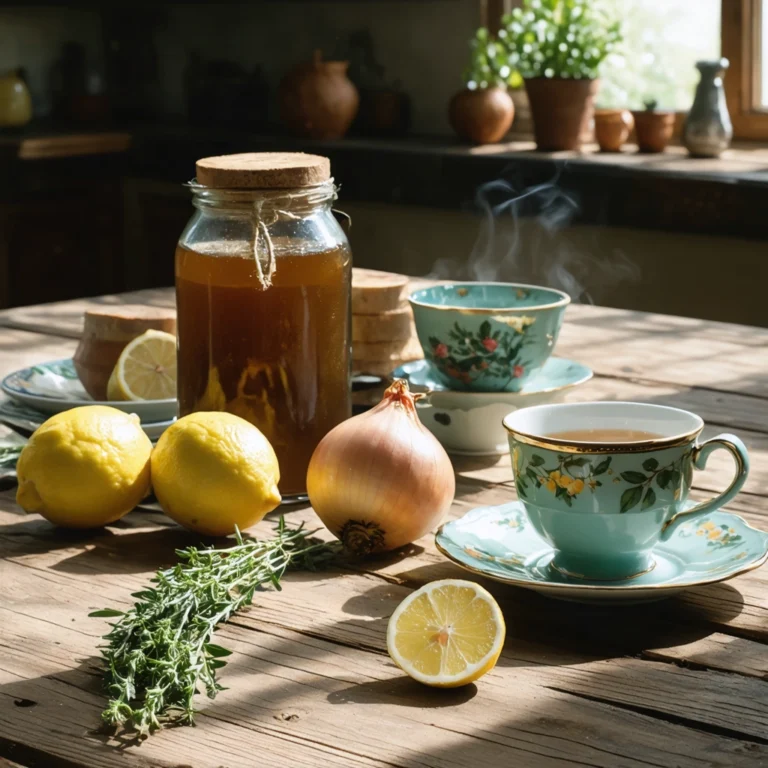 Une table rustique avec un pot de miel, des citrons, une tasse de thé fumant, du thym frais et un oignon coupé.