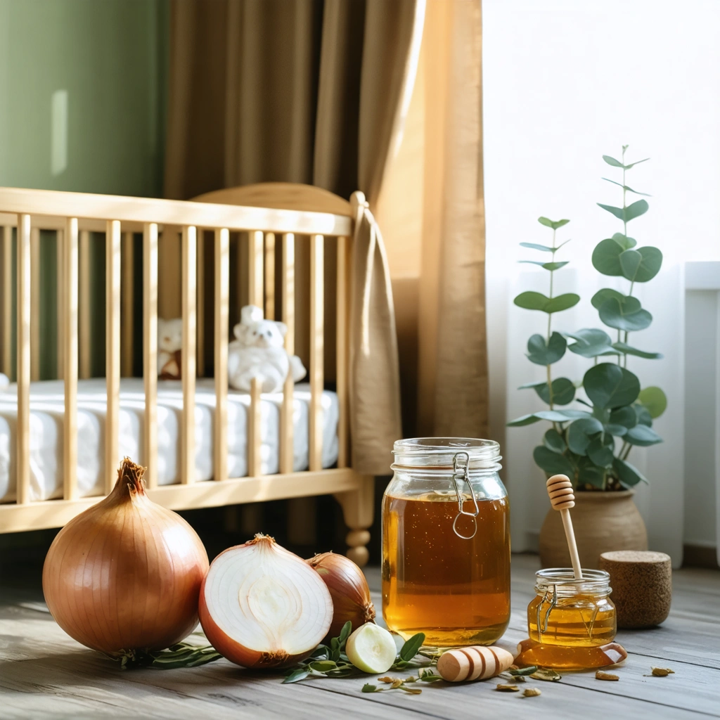 Un berceau dans une chambre douce avec un oignon tranché, un pot de miel et des plantes pour des remèdes naturels contre la toux chez le bébé.