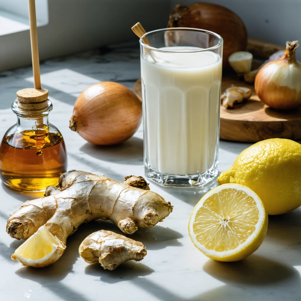 Table de cuisine avec des ingrédients naturels pour apaiser une toux sèche.