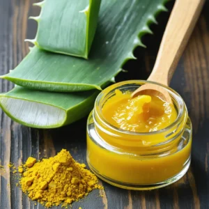 Un remède naturel apaisant pour l'urticaire à base de curcuma et d'aloé vera.