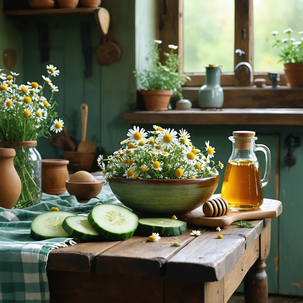 Table avec des tranches de concombre, de la camomille et une bouteille de miel pour apaiser les yeux.