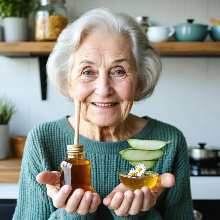 Mamie souriante démontrant des remèdes naturels pour soulager les yeux, avec du miel, de l'aloe vera et de la camomille.