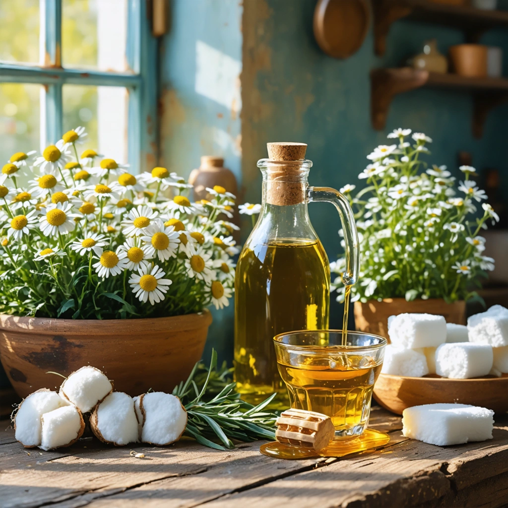 Remèdes naturels pour soulager les yeux secs sur une table en bois avec des fleurs de camomille, miel, huile d'olive et thé.