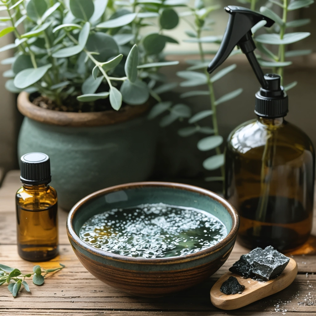 Une scène avec un bol contenant du savon noir dilué, un flacon d'huile essentielle d'eucalyptus, un pulvérisateur et des plantes vertes en arrière-plan, le tout dans un cadre naturel.
