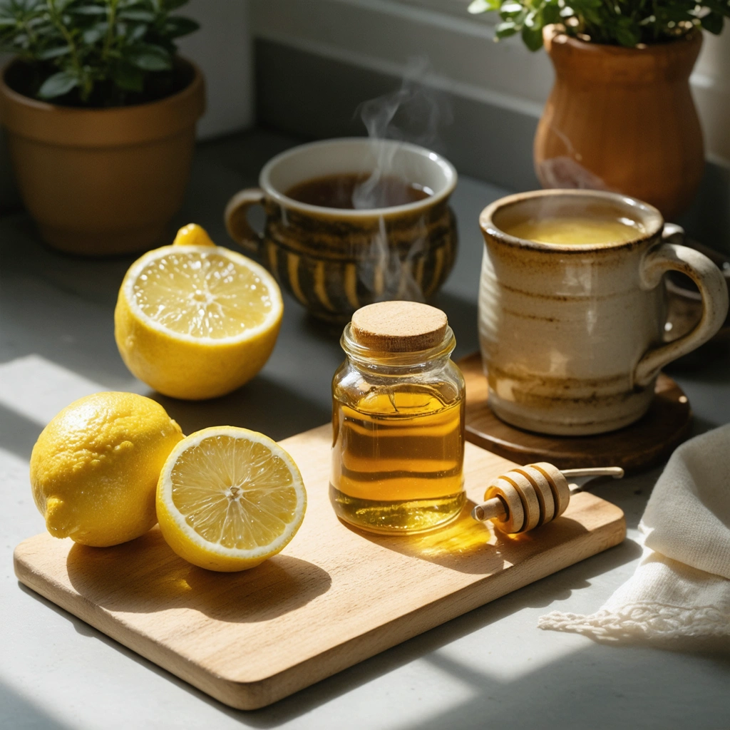 Pot de miel, citrons frais coupés et tasse de boisson chaude posés sur une planche en bois dans une cuisine chaleureuse.