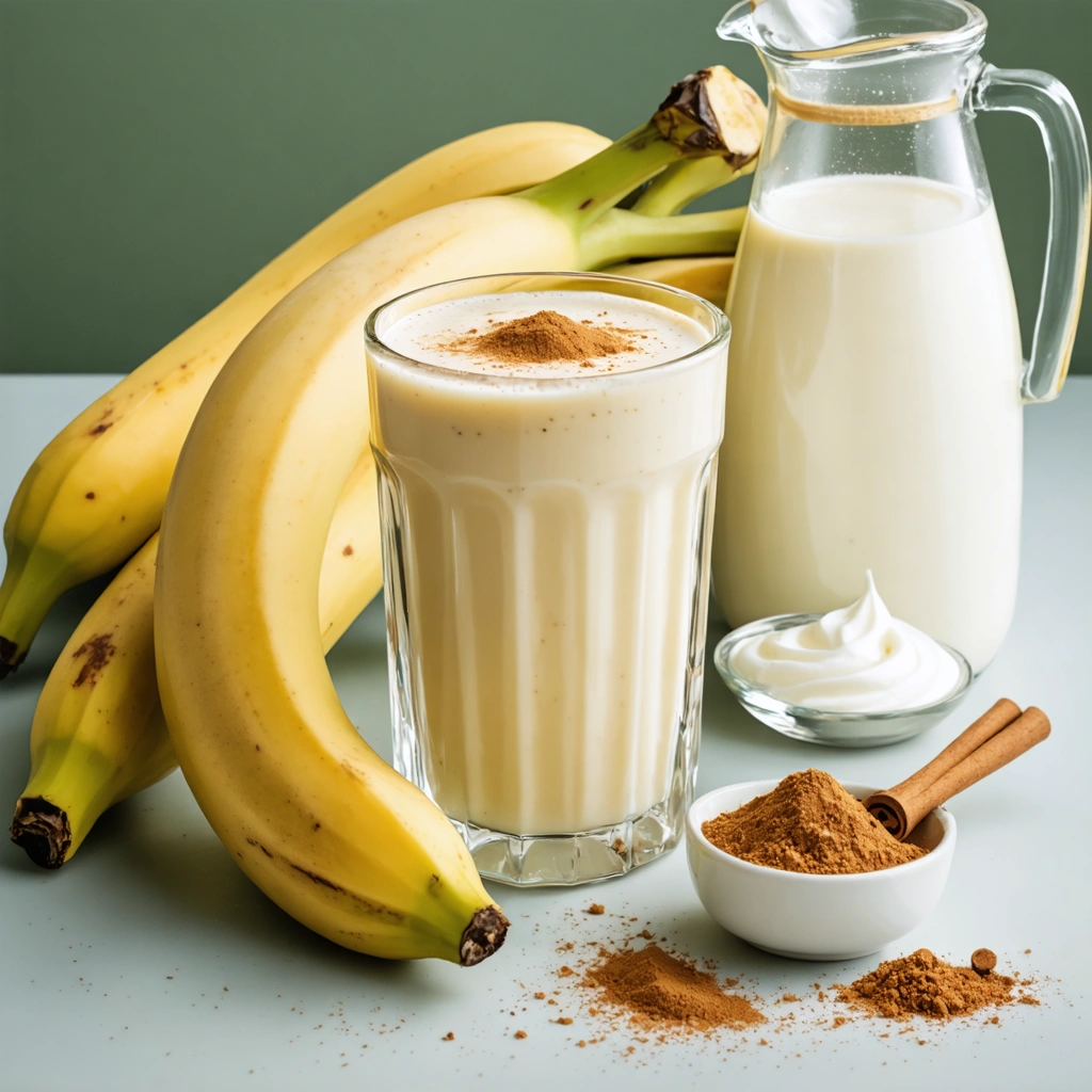 Une image montrant un smoothie à la banane dans un verre, entouré d'une banane mûre, d'un bol de cannelle et d'un pot de yaourt nature, avec une pincée de cannelle saupoudrée sur le smoothie.