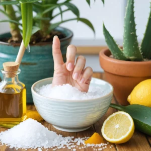 Photo d'un doigt gonflé trempé dans un bol d'eau tiède avec du sel, entouré de remèdes naturels comme citron, miel, curcuma et aloe vera.
