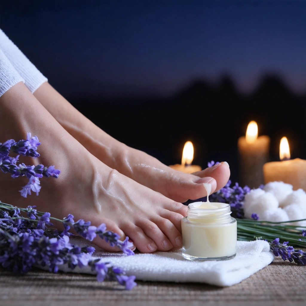 Des pieds abîmés en cours de soin avec de la vaseline, une chaussette en coton à proximité et des brins de lavande pour évoquer un moment apaisant.
