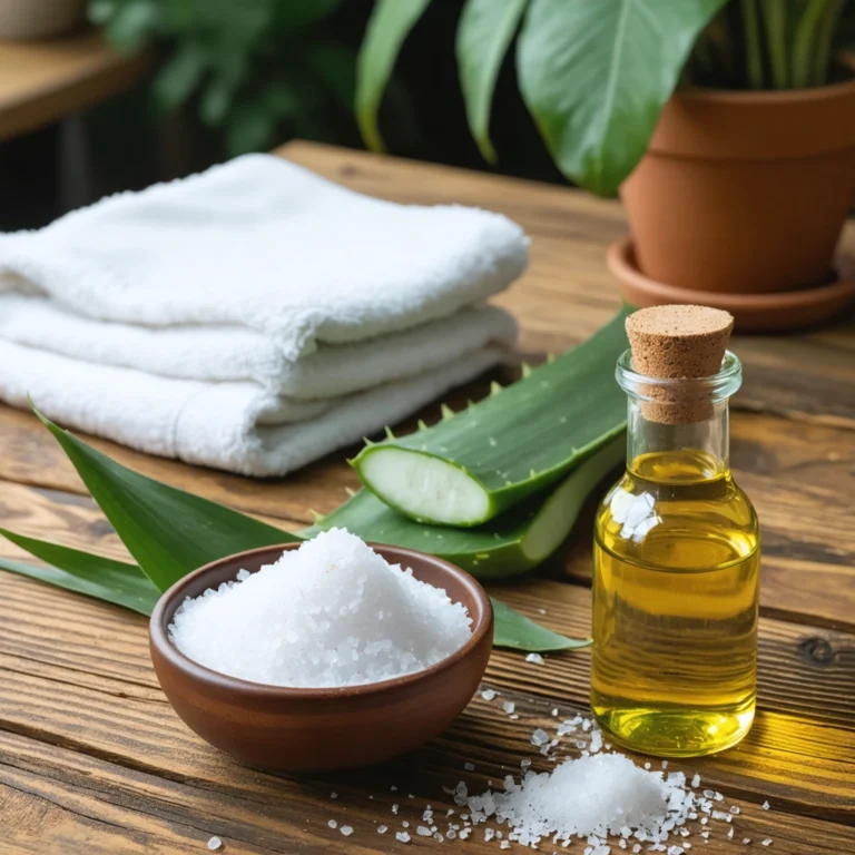 Remèdes naturels avec bicarbonate, aloe vera et huile de coco sur une table en bois.