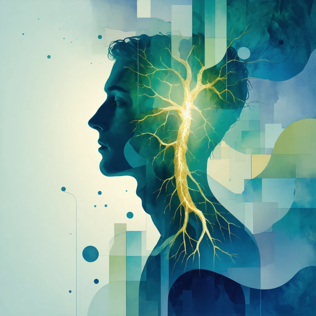 Illustration représentant une personne avec un système nerveux lumineux entouré de formes abstraites symbolisant l'anxiété et la confusion.