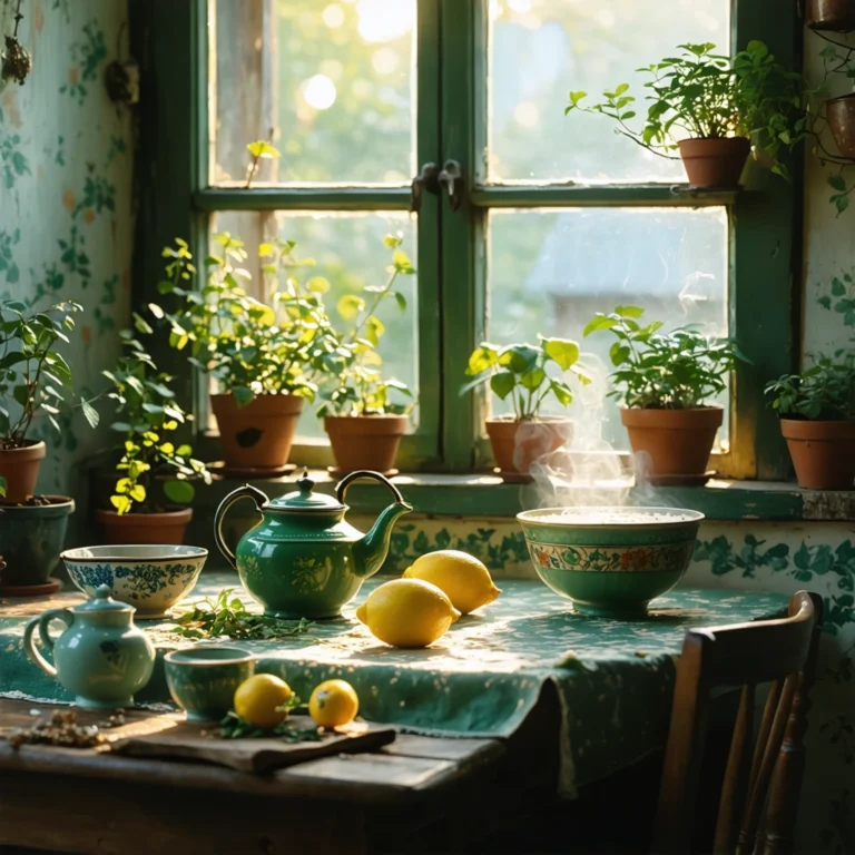 Une table de cuisine avec des tisanes, un bol de riz et des citrons pour des remèdes naturels.
