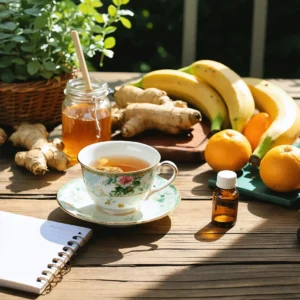 Table rustique avec thé au gingembre, fruits frais et remèdes naturels pour la fatigue.