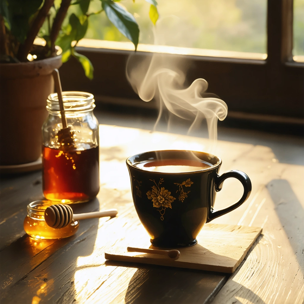 Une tasse de thé noir fumant posée sur une table en bois, avec un pot de miel et une cuillère en bois à côté, éclairés par une lumière dorée et apaisante.