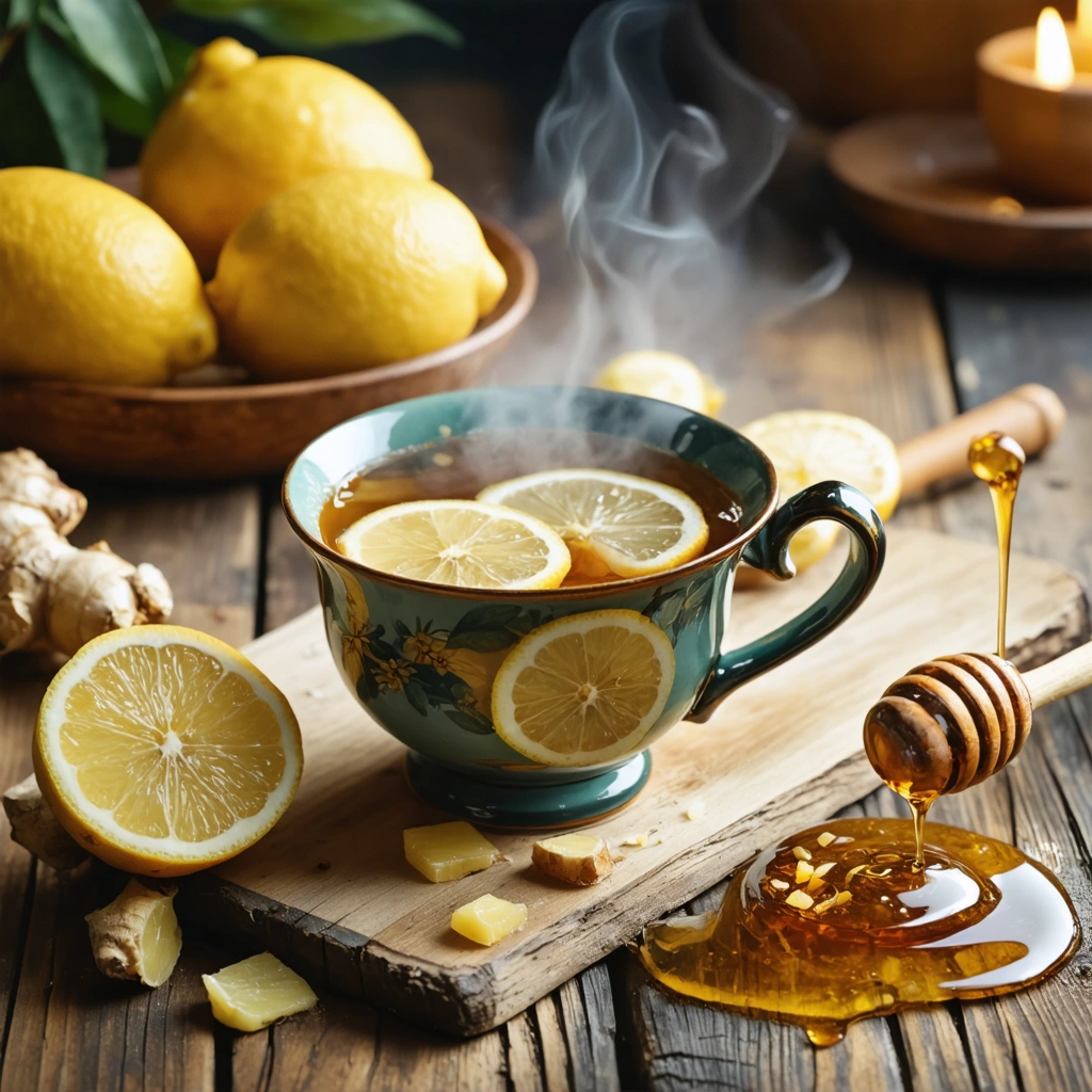 Une tasse de thé au citron et au miel sur une table en bois rustique, accompagnée de tranches de citron, un bâton de miel doré, et un peu de gingembre frais, dans une ambiance chaleureuse.